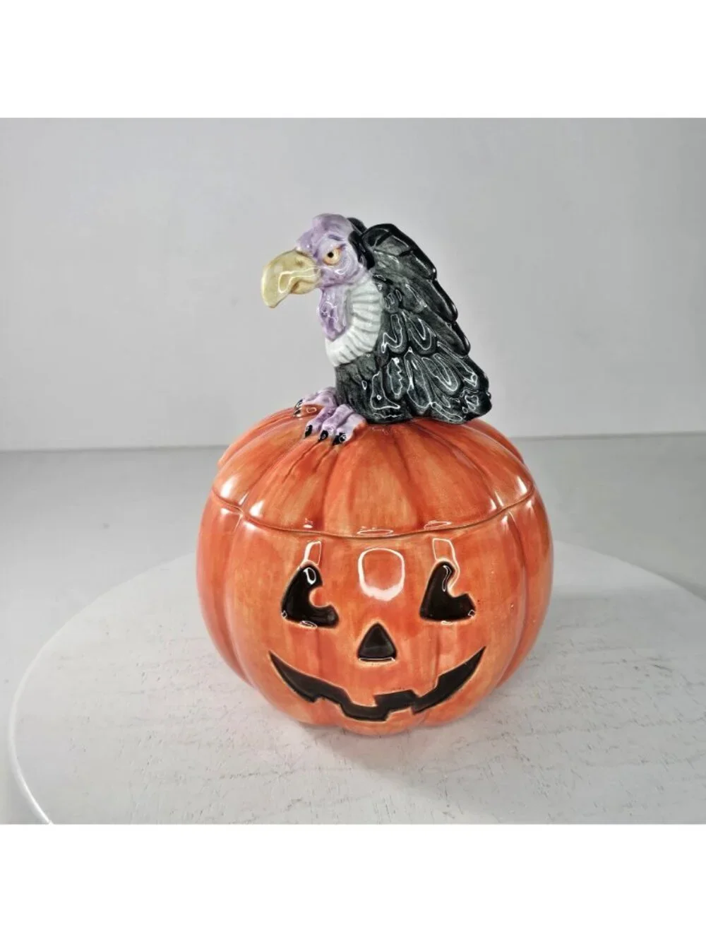 Rare 1988 Fitz & Floyd Vulture On Jack-O-Lantern Pumpkin Lidded Candy Dish Bowl